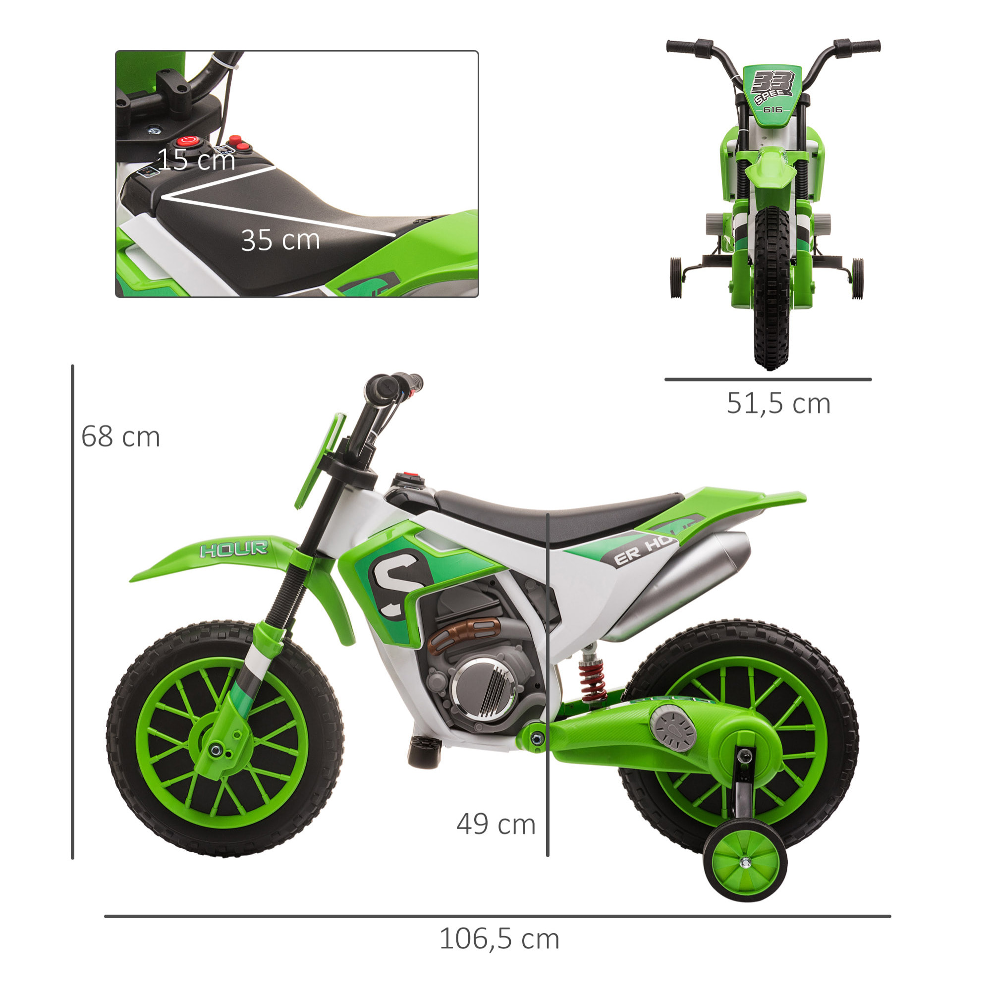 Moto cross électrique pour enfant 3 à 5 ans 12 V 3-8 Km/h avec roulettes latérales amovibles dim. 106,5L x 51,5l x 68H cm vert