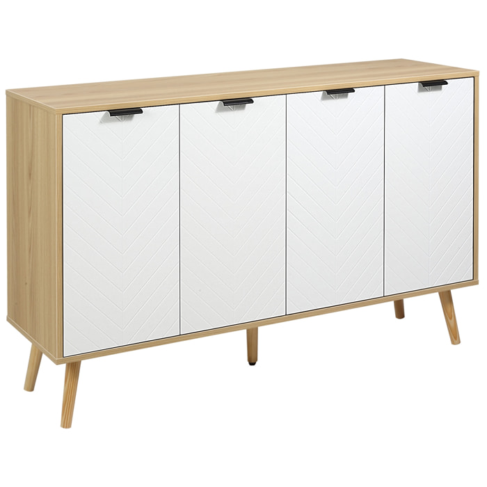 Buffet design scandinave 4 portes 2 étagères piètement bois de pin panneaux portes motif chevrons blanc aspect bois clair