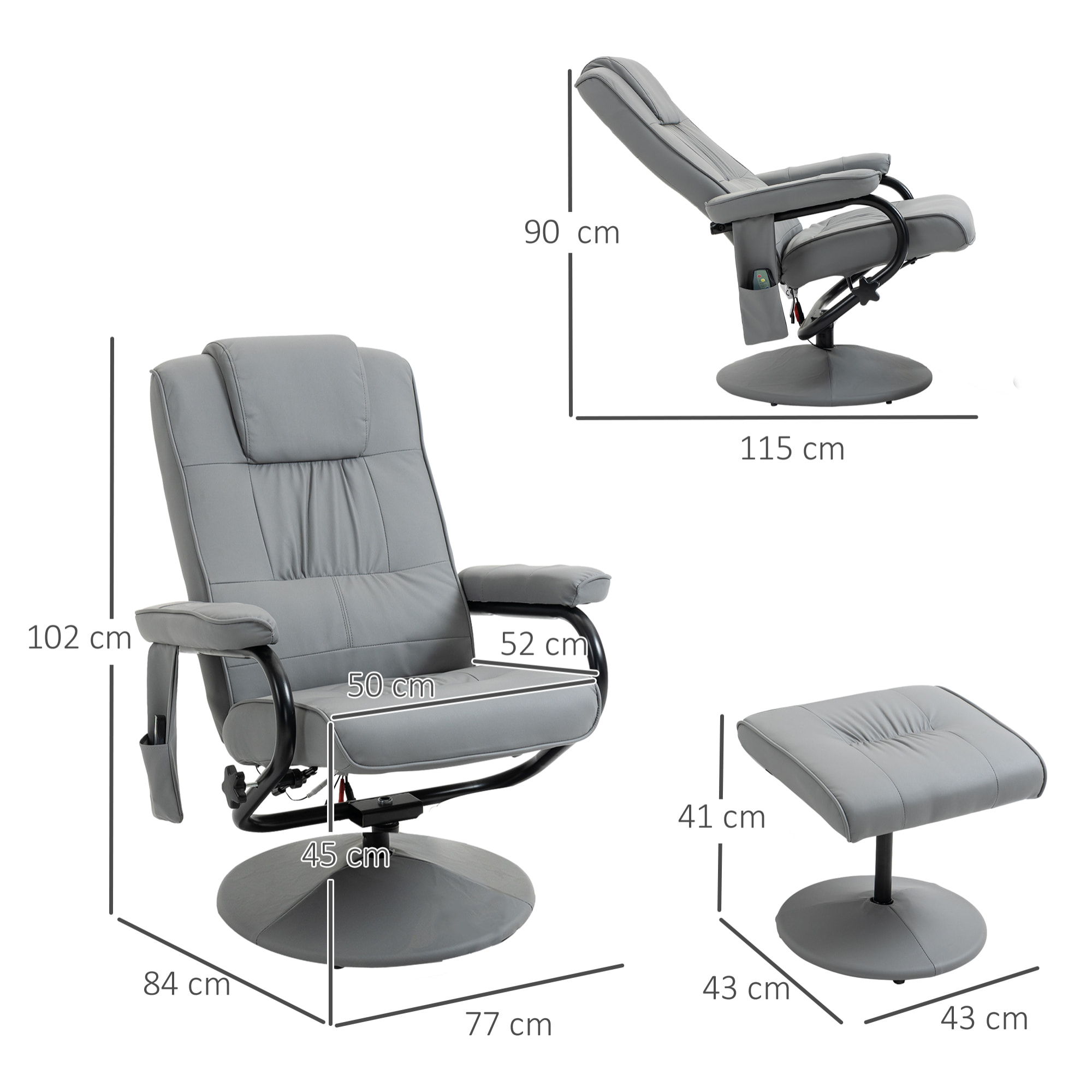 Sillón de Masaje Eléctrico con Reposapiés Sillón Relax Giratorio Reclinable hasta 145° con Control Remoto y 10 Puntos de Masaje Tapizado en PU Gris