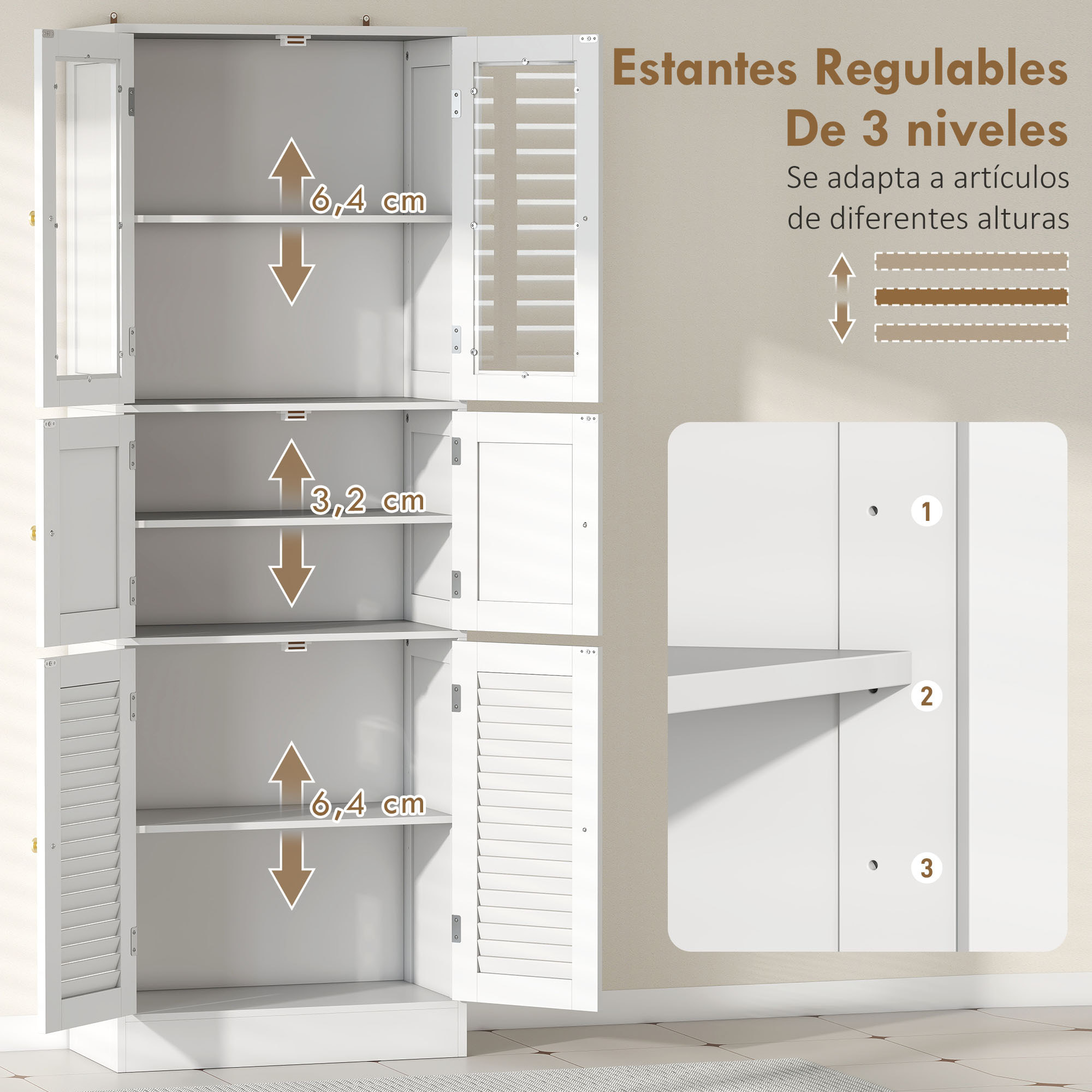 Armario de Baño Alto, Columna de Baño Estrecha con Puertas de Vidrio, Puertas de Lamas, Estantes Ajustables, 60x30x170 cm, Blanco
