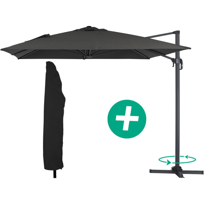 Parasol jardin déporté Alu "Sun 4" - Rectangle - 3 x 4 m + Housse de protection - Noir