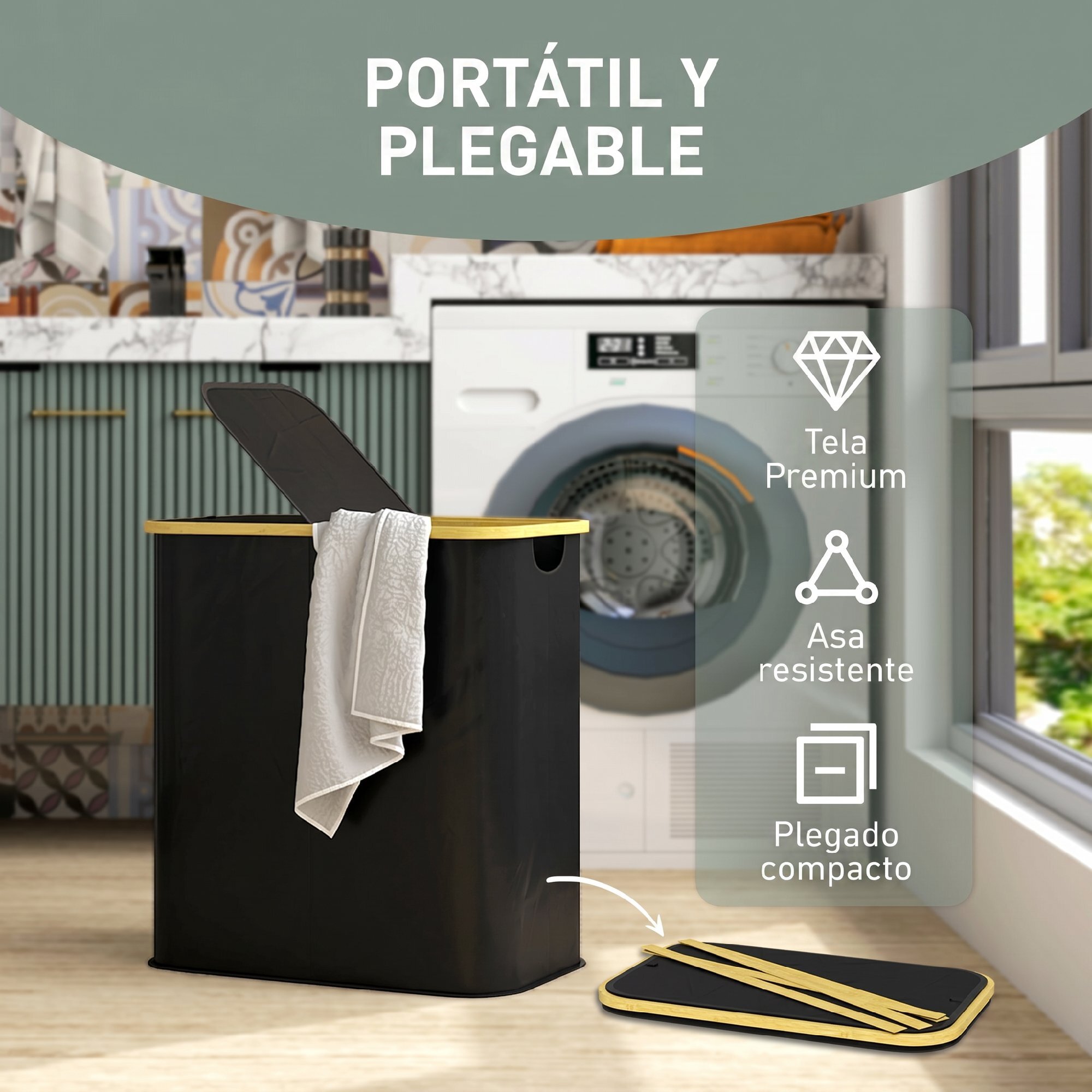Cesto de Ropa Sucia con Tapa, 80L, Cesta de Ropa Sucia Plegable de Tela no Tejida, Marco de Bambú, con 2 Compartimentos, Asas de Ranura, para Lavandería, 54x34x58,5 cm, Negro