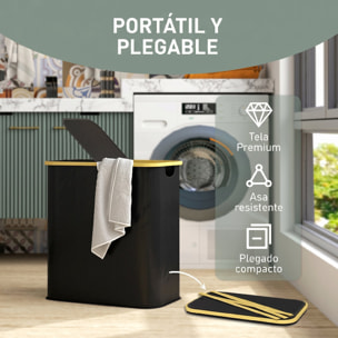 Cesto de Ropa Sucia con Tapa, 80L, Cesta de Ropa Sucia Plegable de Tela no Tejida, Marco de Bambú, con 2 Compartimentos, Asas de Ranura, para Lavandería, 54x34x58,5 cm, Negro