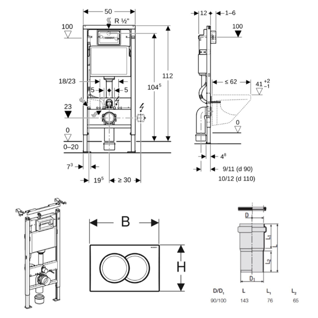 Duofix pack WC bâti-support UP100 + WC suspendu sans bride Ceramia avec abattant SoftClose + plaque blanche (GEBCEPXWT01FR-FS)