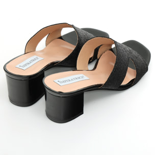 Sandali in simil pelle con tacco comodo e fascia brillantinata
