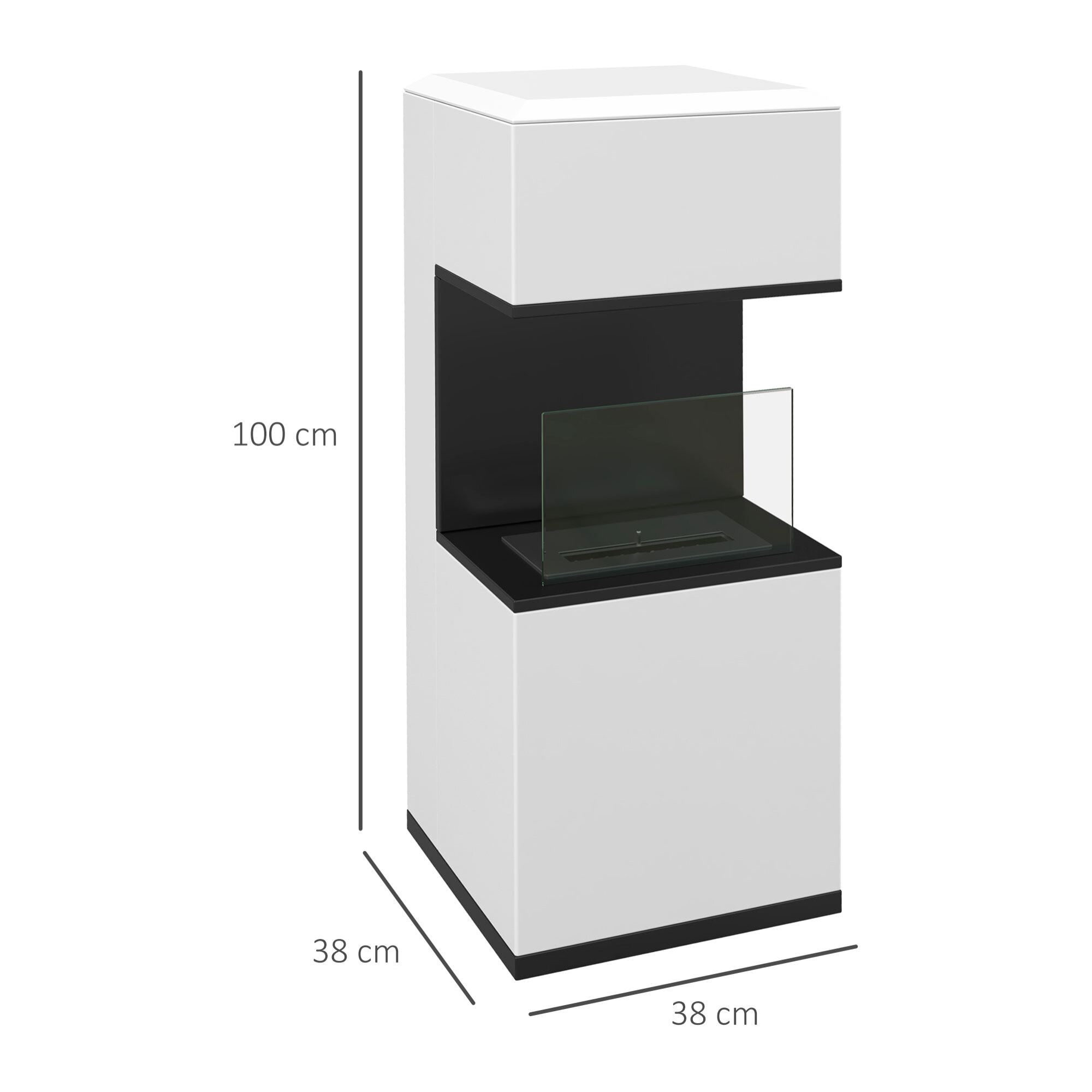 Cheminée bioéthanol design - brûleur 1,2L - contrôle de flamme, manche inclus - verre trempé acier blanc noir