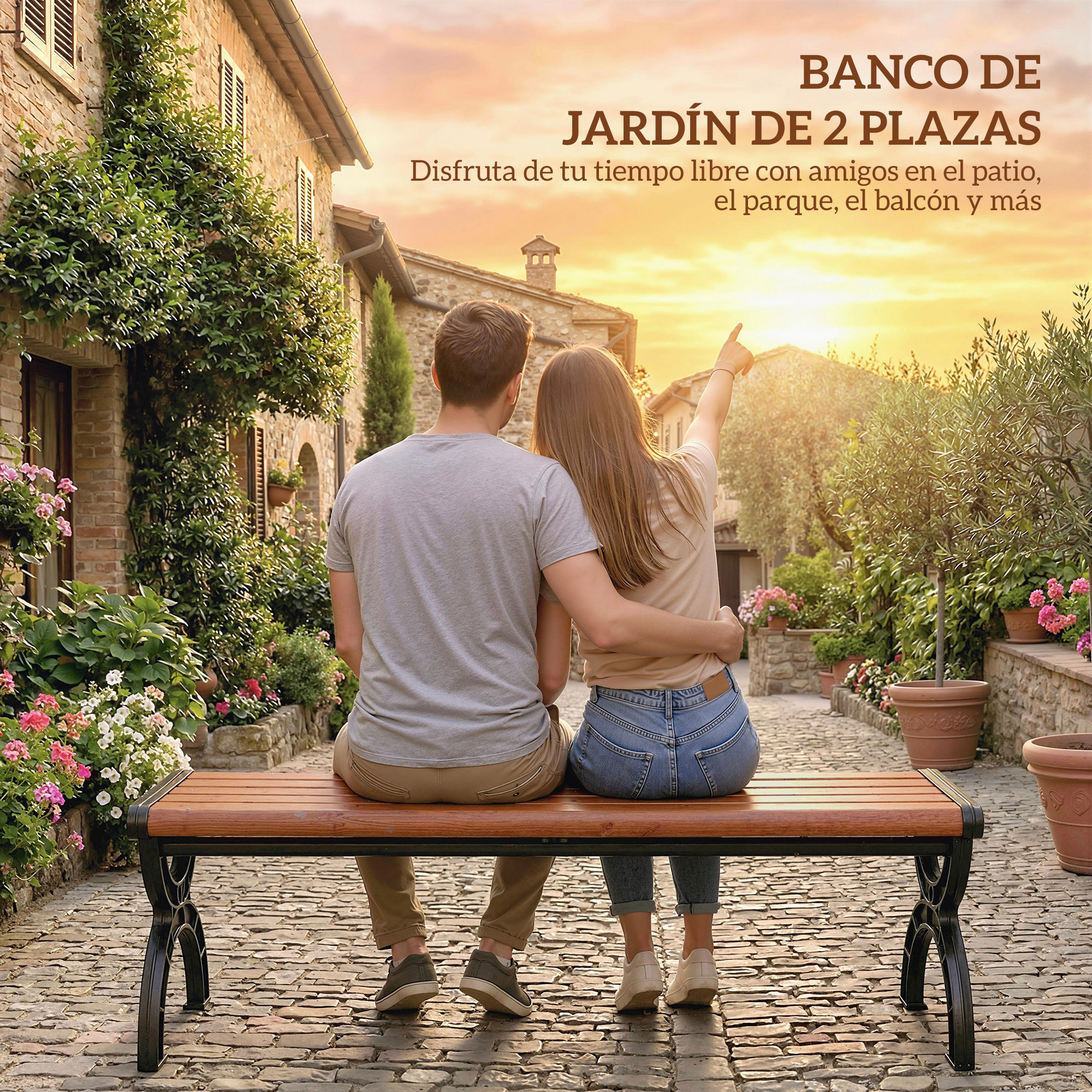 Banco de Jardín Exterior de 2 Plazas, Banco Exterior con Estructura Metálica y Asiento Listonado, para Patio, Terraza, 124x39x39 cm, Marrón