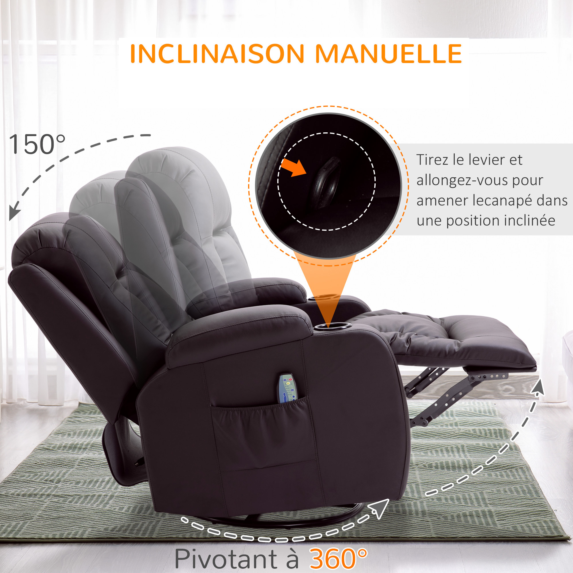 Fauteuil de massage et relaxation électrique chauffant inclinable manuellement repose-pied télécommande chocolat