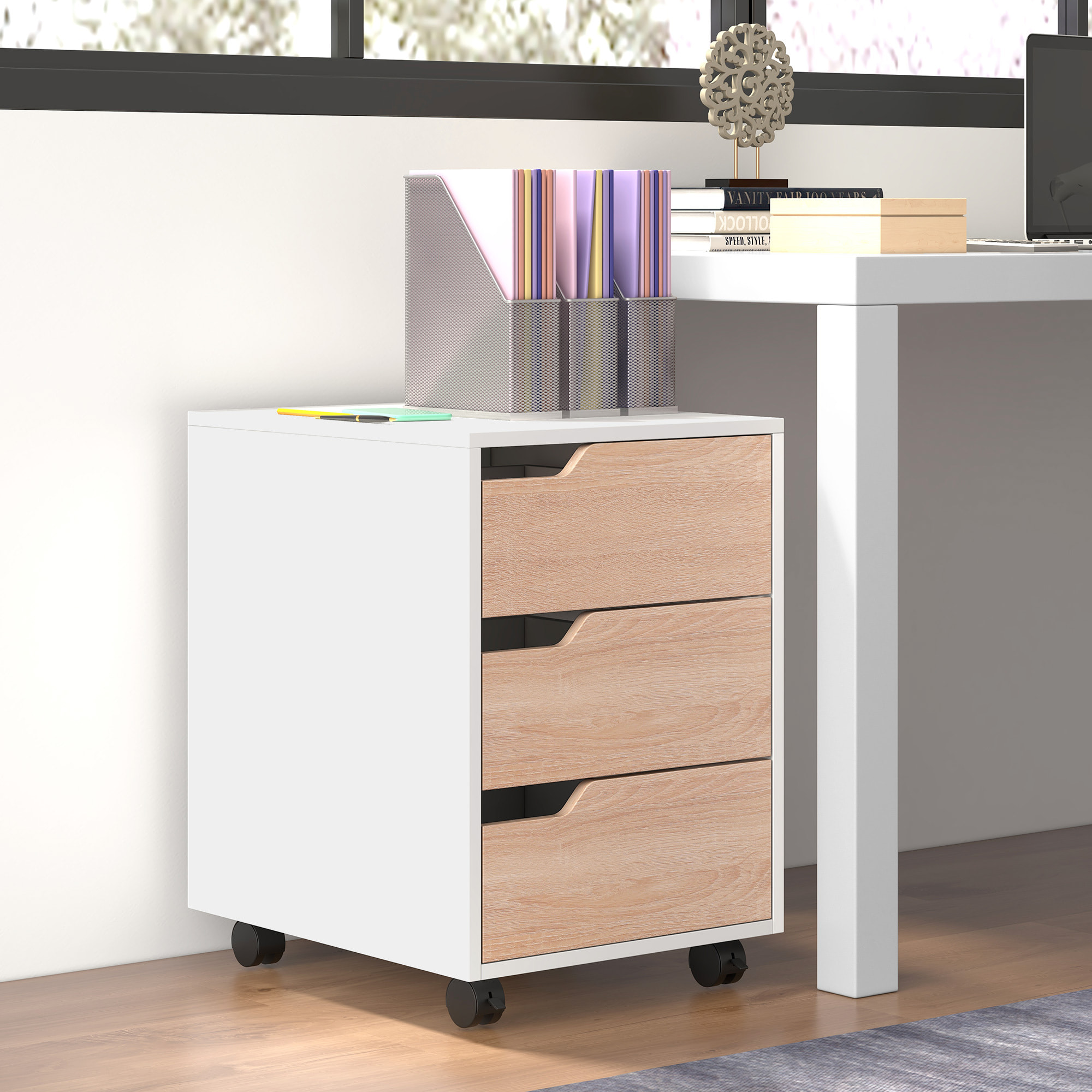 Caisson bureau mobile avec 3 tiroirs, meuble rangement bureau sur roulettes pour documents et imprimante, 40x50x57,5cm, blanc et aspect bois
