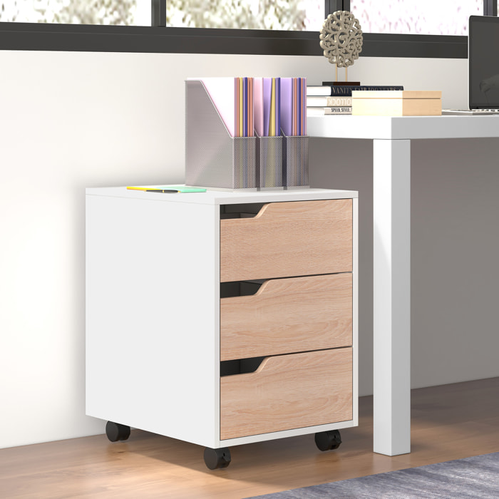 Caisson bureau mobile avec 3 tiroirs, meuble rangement bureau sur roulettes pour documents et imprimante, 40x50x57,5cm, blanc et aspect bois