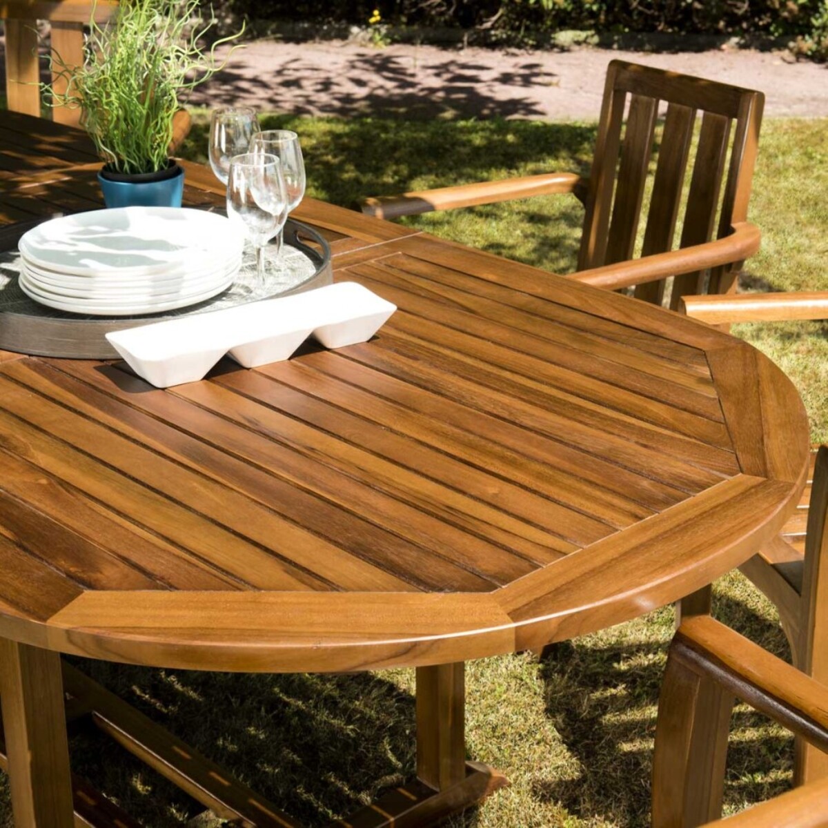 MAEVA - Table de jardin 10/12 personnes - ovale double extension 200/300 x 120 cm en bois teck huilé