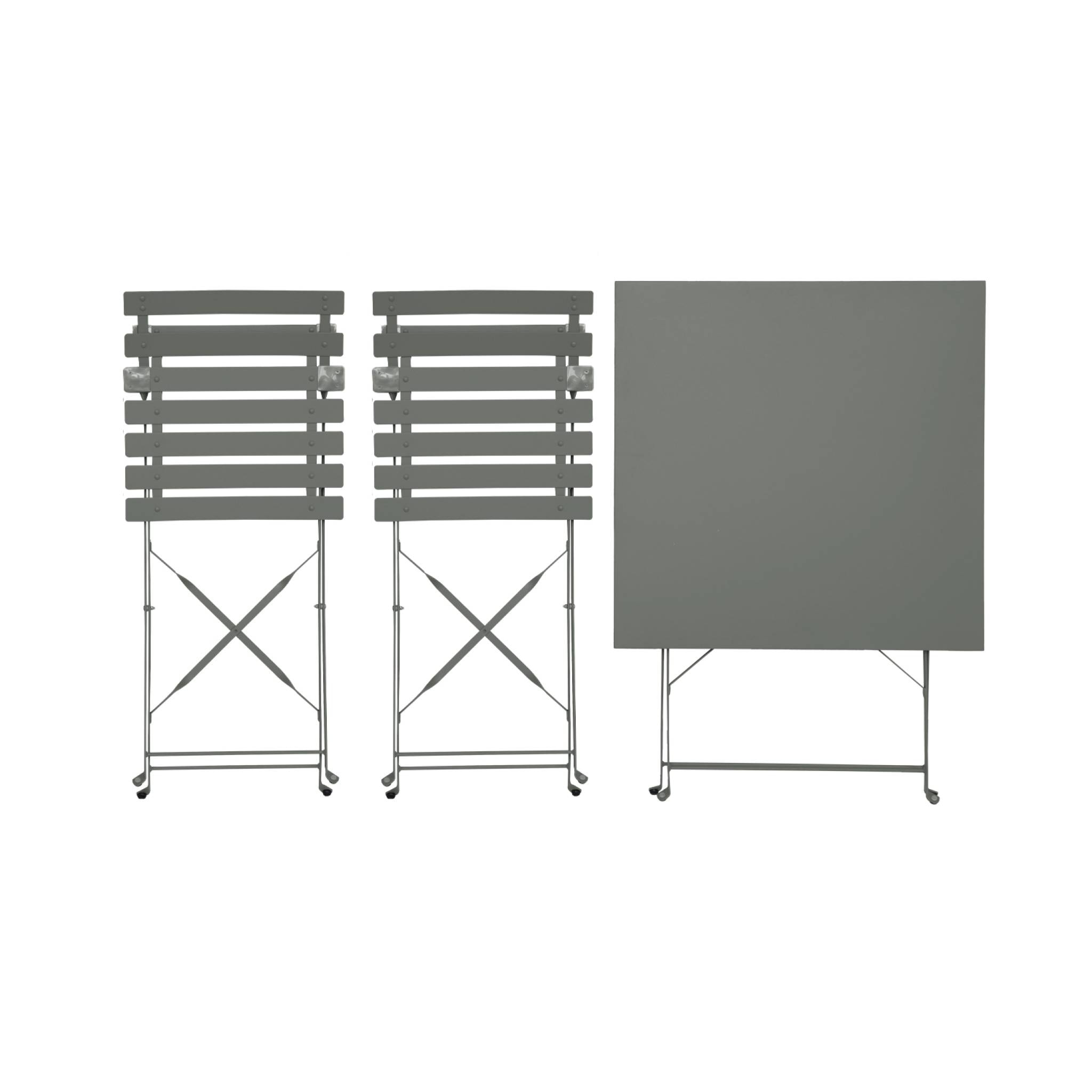 Table de jardin bistrot pliante métal + 2 assises kaki 70 x 70cm. acier thermolaqué