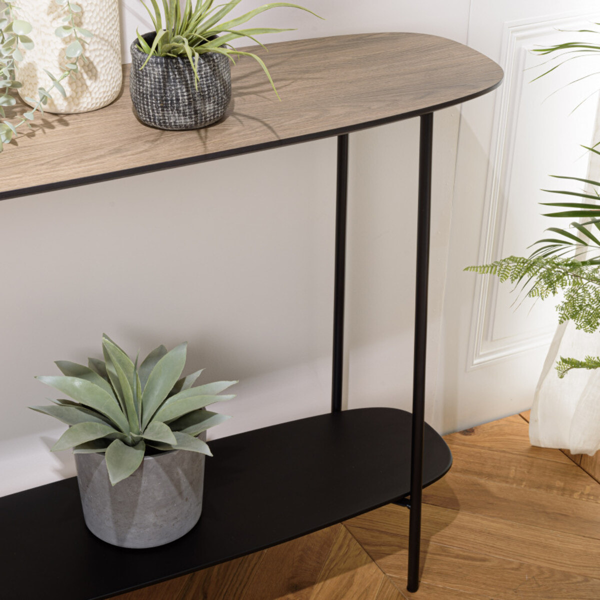 FLEUR - Console 2 plateaux 100x30cm bi-matière mocha/noir pieds métal