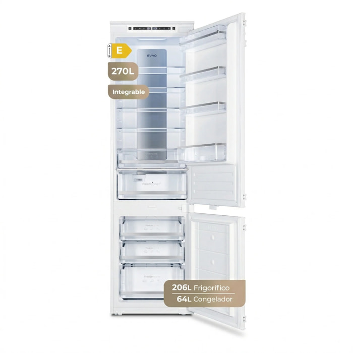 EVVO Frigorífico combi integrable Fi65, 180L+64L, No Frost, Chiller Zone, ECO, Vacaciones, congelación rápida, silencioso.