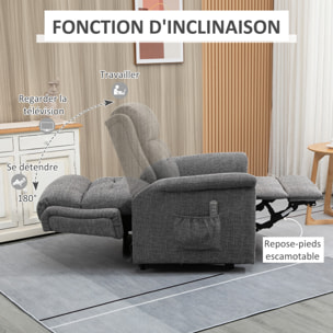 Fauteuil releveur électrique inclinable - repose-pied ajustable - télécommande - Fauteuil de relaxation - tissu polyester aspect lin gris chiné