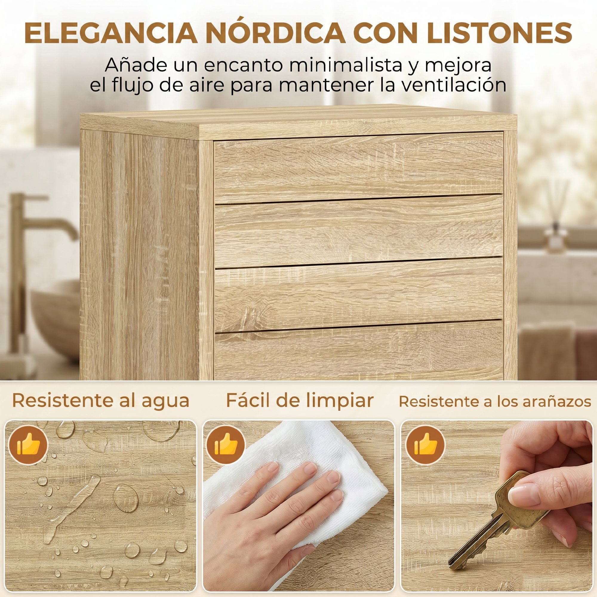 Armario de Baño Alto, Mueble Auxiliar de Baño Estrecho con Estantes Ajustables, Puertas de Lamas Apertura por Presión, Estantes Abiertos, para Espacios Pequeños, 34x23x170 cm, Natural
