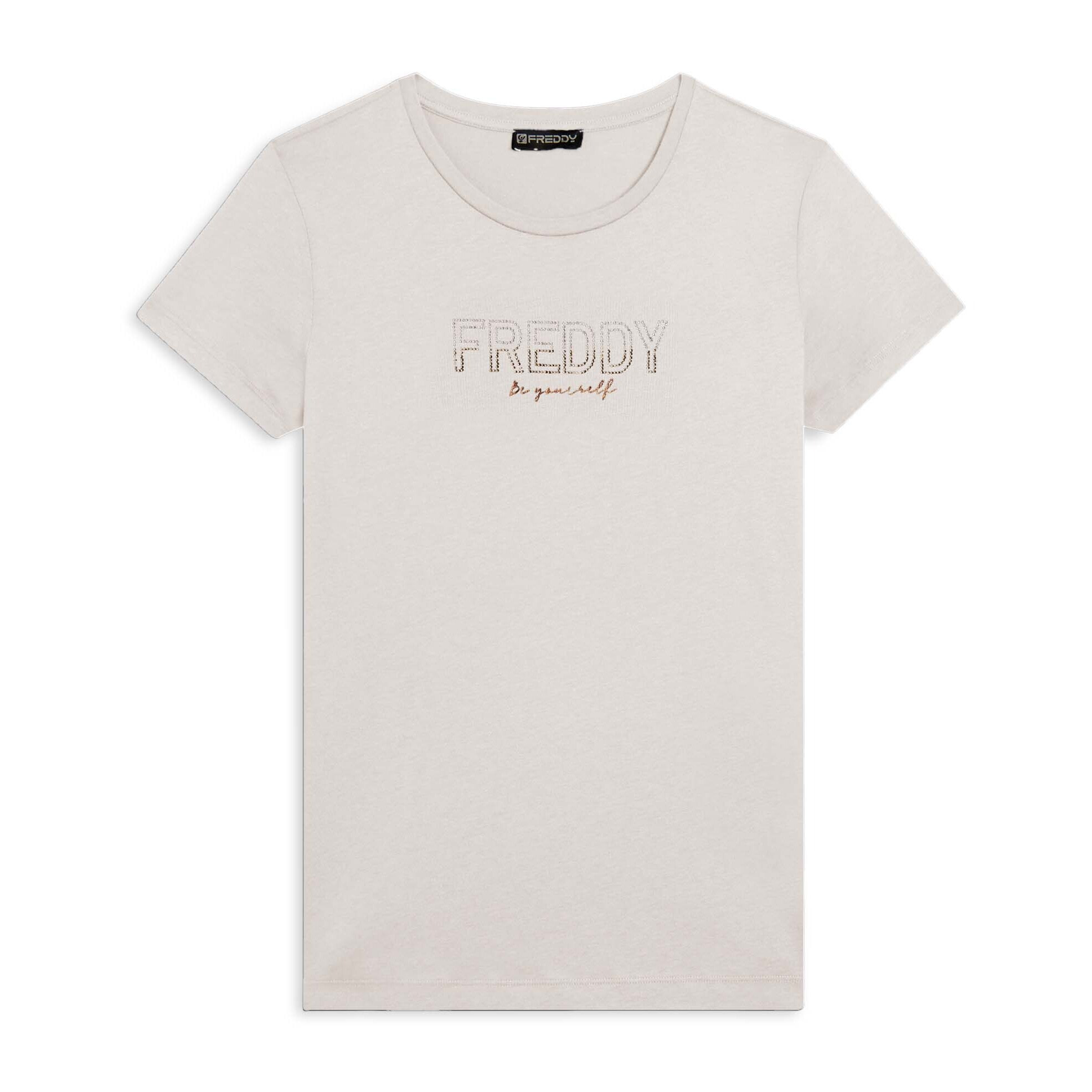 T-shirt donna con mini spacchi laterali e logo in strass