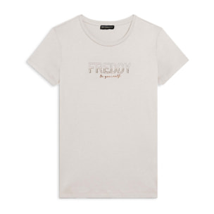 T-shirt donna con mini spacchi laterali e logo in strass
