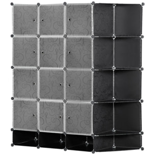 HOMCOM Armario Modular de Plástico Armario Portátil con 16 Cubos y 2 Barras Organizador de Zapatos Ropas Juguetes para Entrada Pasillo Dormitorio 145x46x162 cm Negro y Blanco