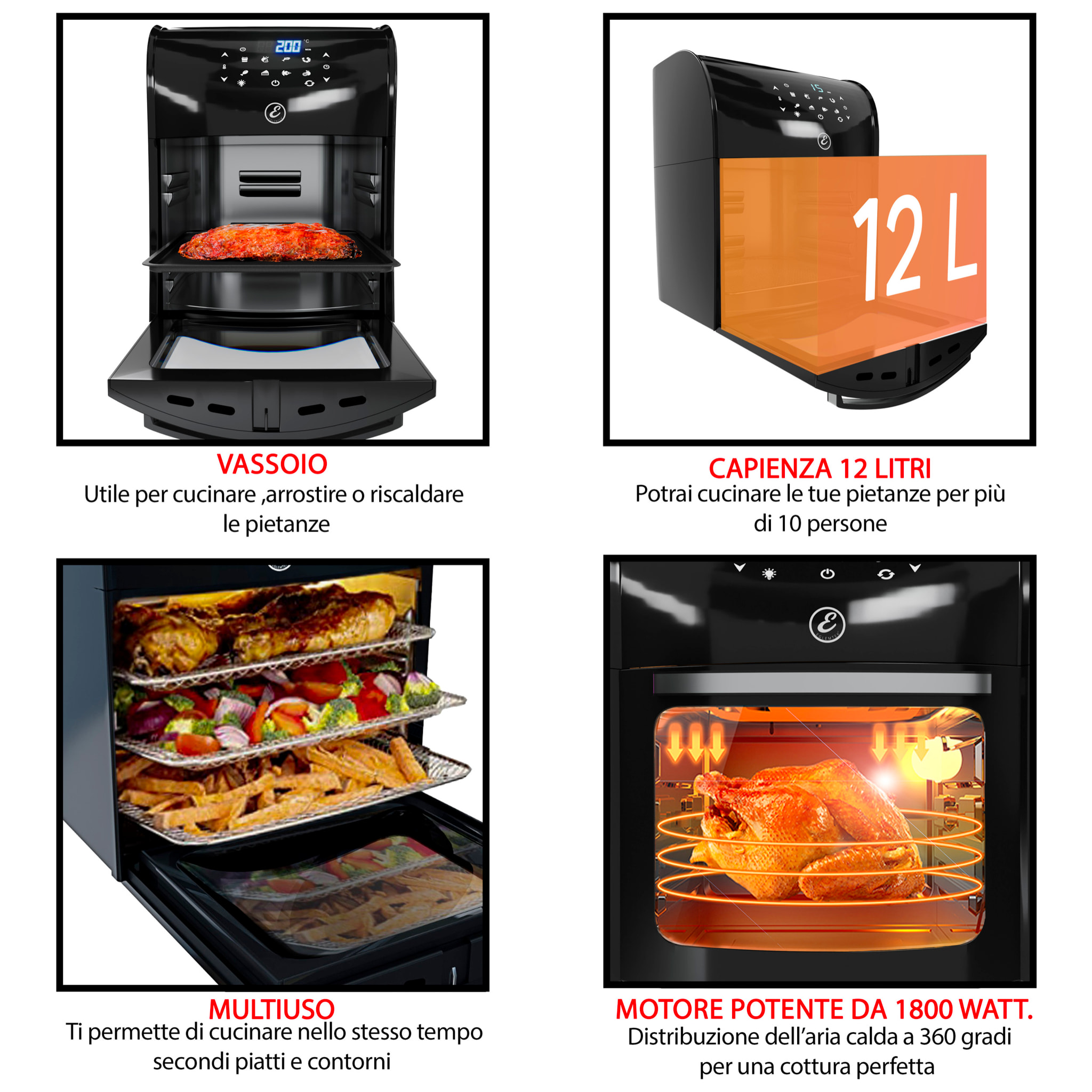 Friggitrice Ad Aria 12 Litri 10 In 1 Forno Aria Calda Con LED Touch Screen Senza Olio Multifunzione 1800W 6 Accessori 7 Programmi