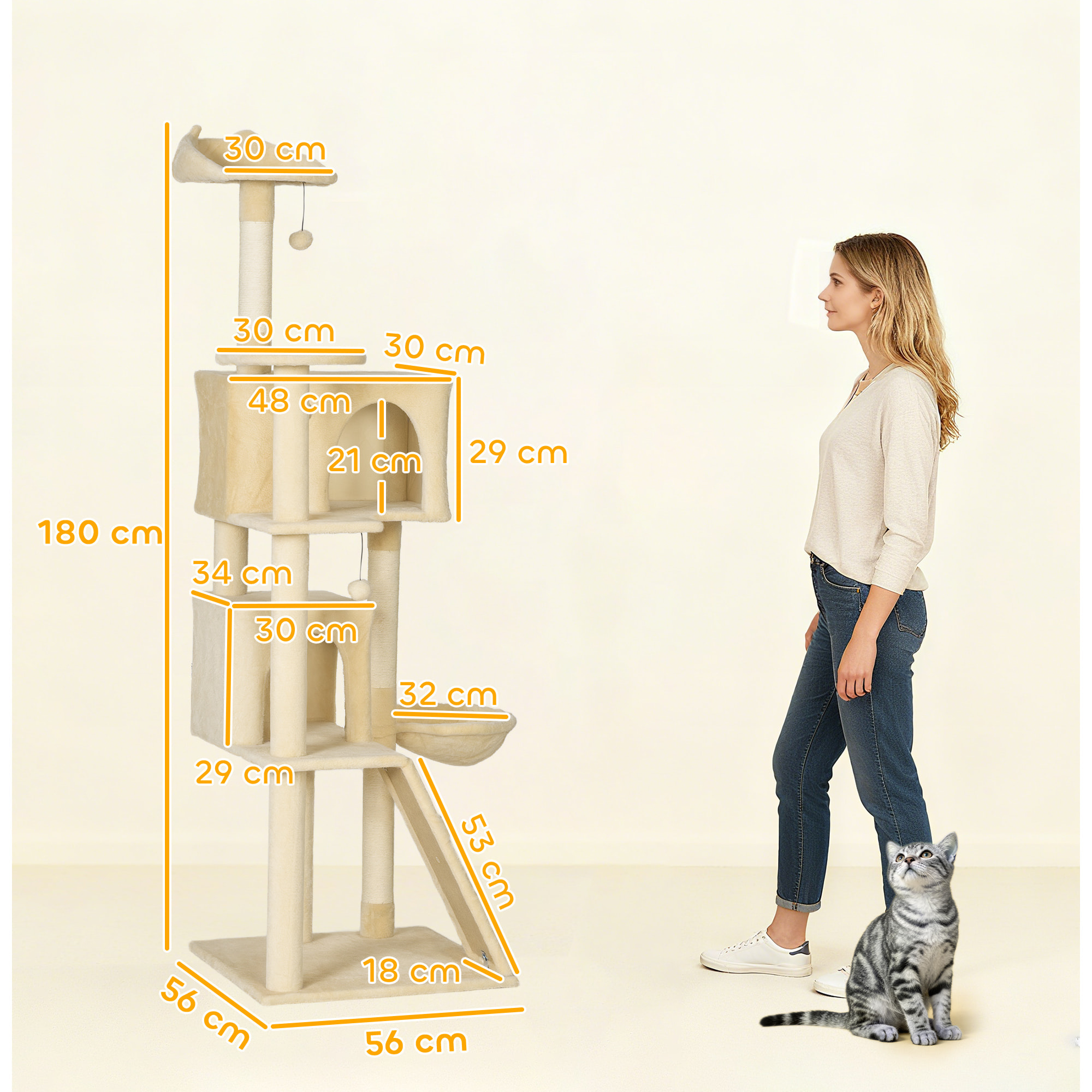 Árbol Rascador para Gatos, Árbol para Gatos 180 cm, Torre Escalador con Múltiples Plataformas, Cama, 2 Cuevas, Hamaca, Escalera, Postes de Sisal, Bolas para Jugar, Beige