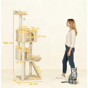 Árbol Rascador para Gatos, Árbol para Gatos 180 cm, Torre Escalador con Múltiples Plataformas, Cama, 2 Cuevas, Hamaca, Escalera, Postes de Sisal, Bolas para Jugar, Beige
