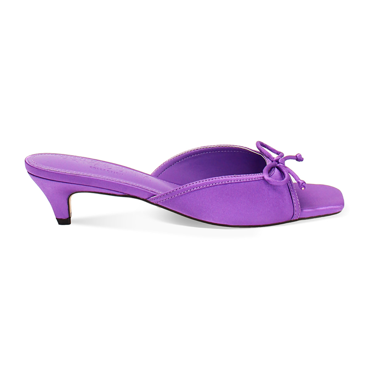 Mules open toe donna viola in raso, tacco 4 cm