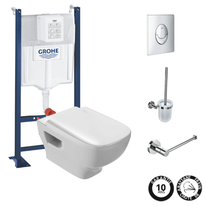 Pack WC suspendu sans bride Struktura + Bati-support GROHE + plaque Start chrome + porte-balai + porte-rouleau rond