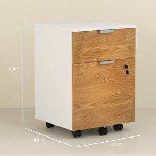 Cajonera de Oficina Mueble Archivador con 4 Ruedas 2 Cajones 2 Barras Colgantes Cerradura y 2 Llaves para Tamaño A4 Carta para Estudio Salón 42x40x60 cm Blanco y Natural