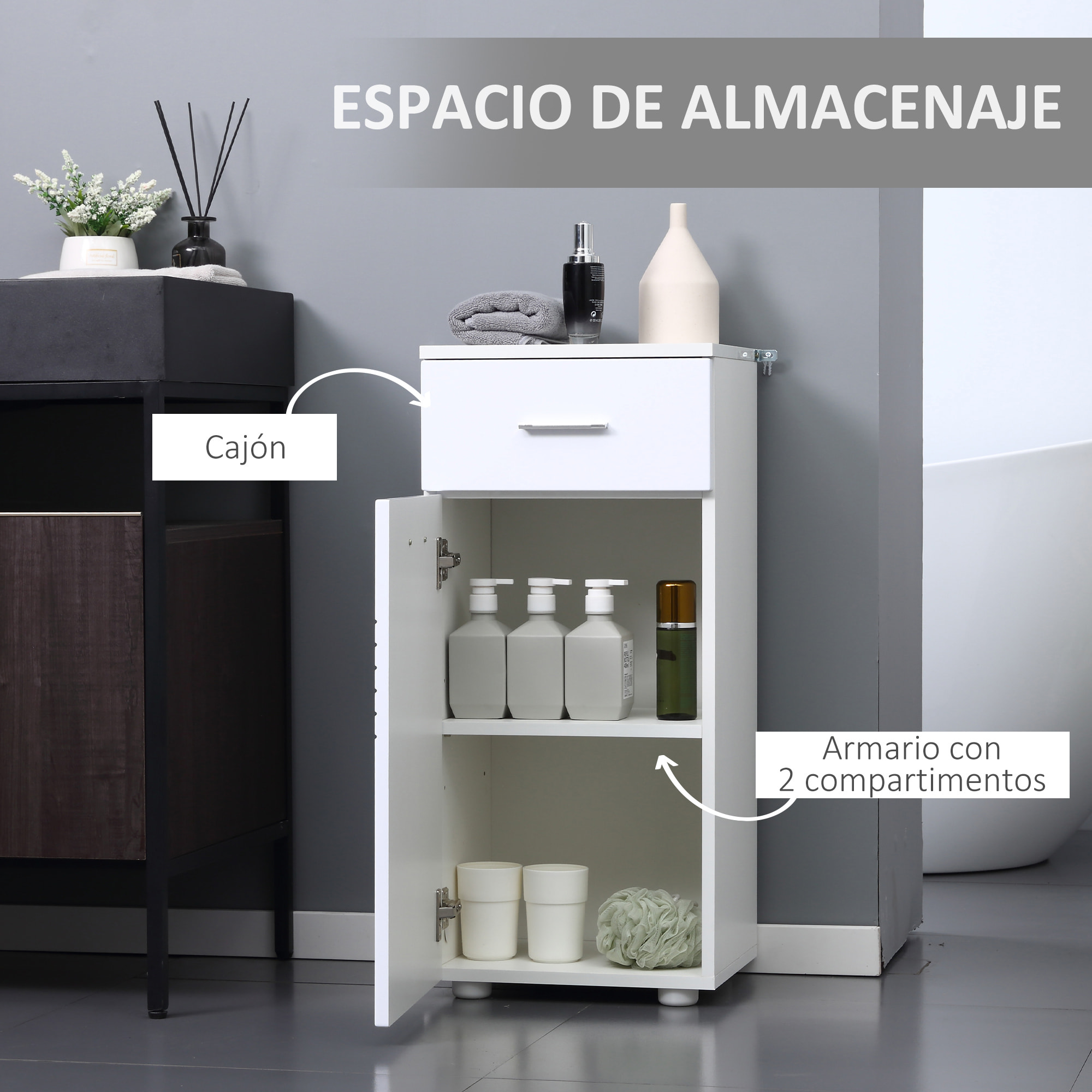 Armario Auxiliar de Baño Mueble de Baño de Suelo con Puerta Cajón y Estante Ajustable para Salón Dormitorio Aseo 35x30x77,5 cm Blanco