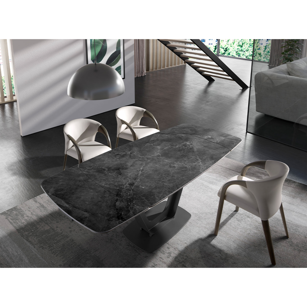 Mesa comedor Angel Cerdá extensible ovalada barril con tapa de mármol porcelánico en negro con vetas grises en acabado mate 160x100x76cm