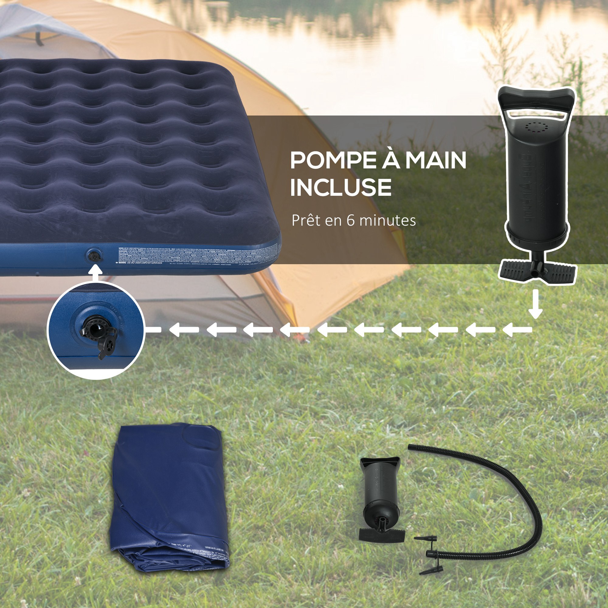 Matelas gonflable double lit pneumatique 2 places avec gonfleur manuel surface floquée bleu