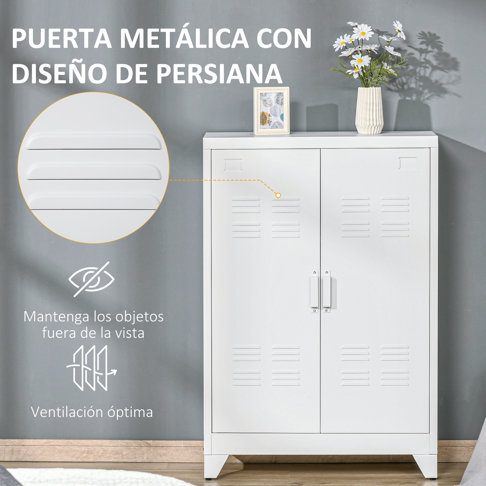 Armario de Almacenamiento Aparador de Metal con Doble Puerta Cierre Magnético y 2 Estantes Ajustables para Oficina Salón Dormitorio 75x33x110 cm Blanco