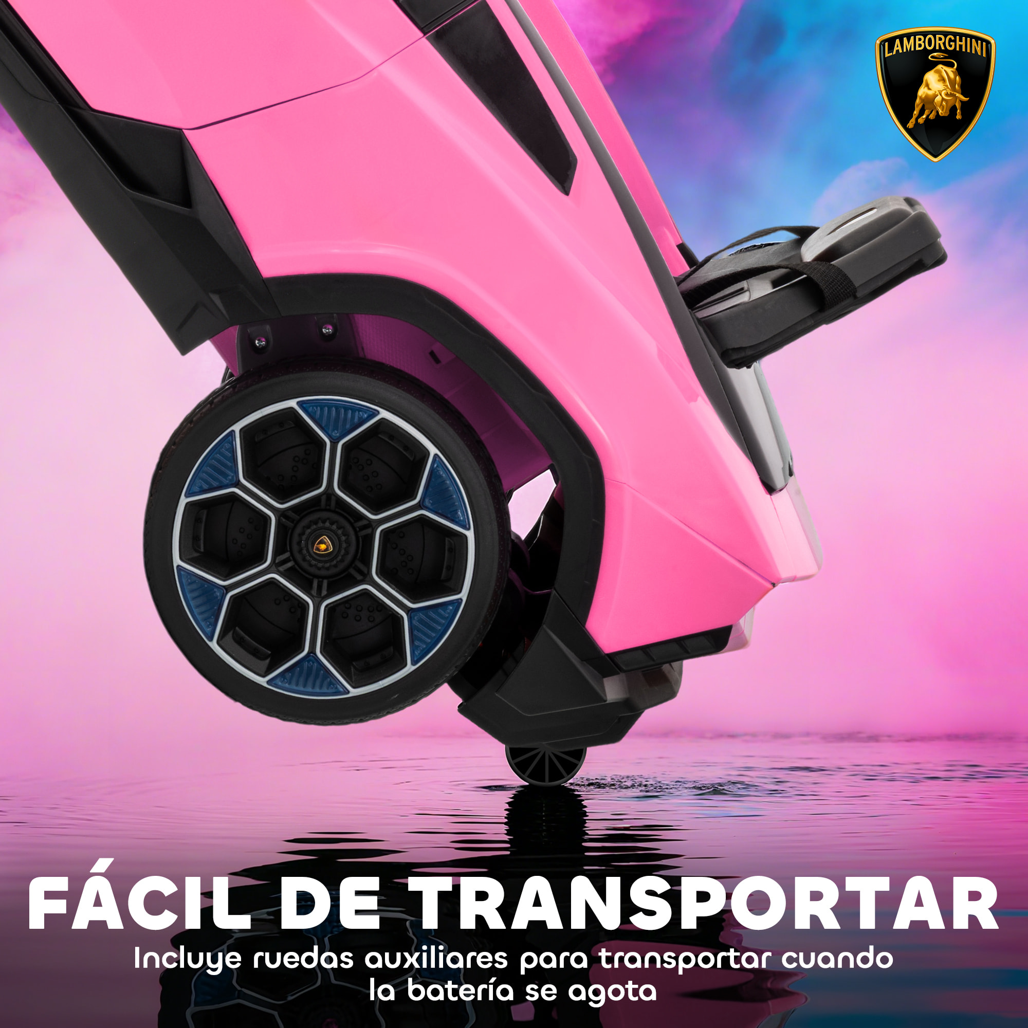 Coche Eléctrico para Niños de +3 Años, Lamborghini, Coche de Batería 12V, con Mando a Distancia 2,4 G, Motor Doble, Ruedas con Suspensión, Faros, Música, USB, Rosa