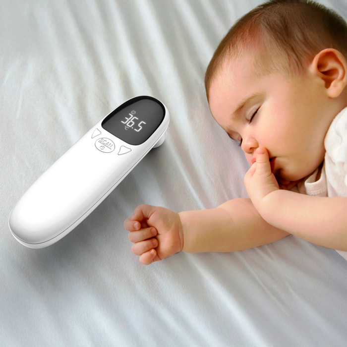 Termómetro infrarrojo sin contacto. Modo temperatura corporal y de objetos. Aviso por sonido con temperaturas ≥38°C.