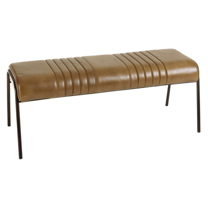 MARCEL - Banc matelassé en cuir marron et pieds acier