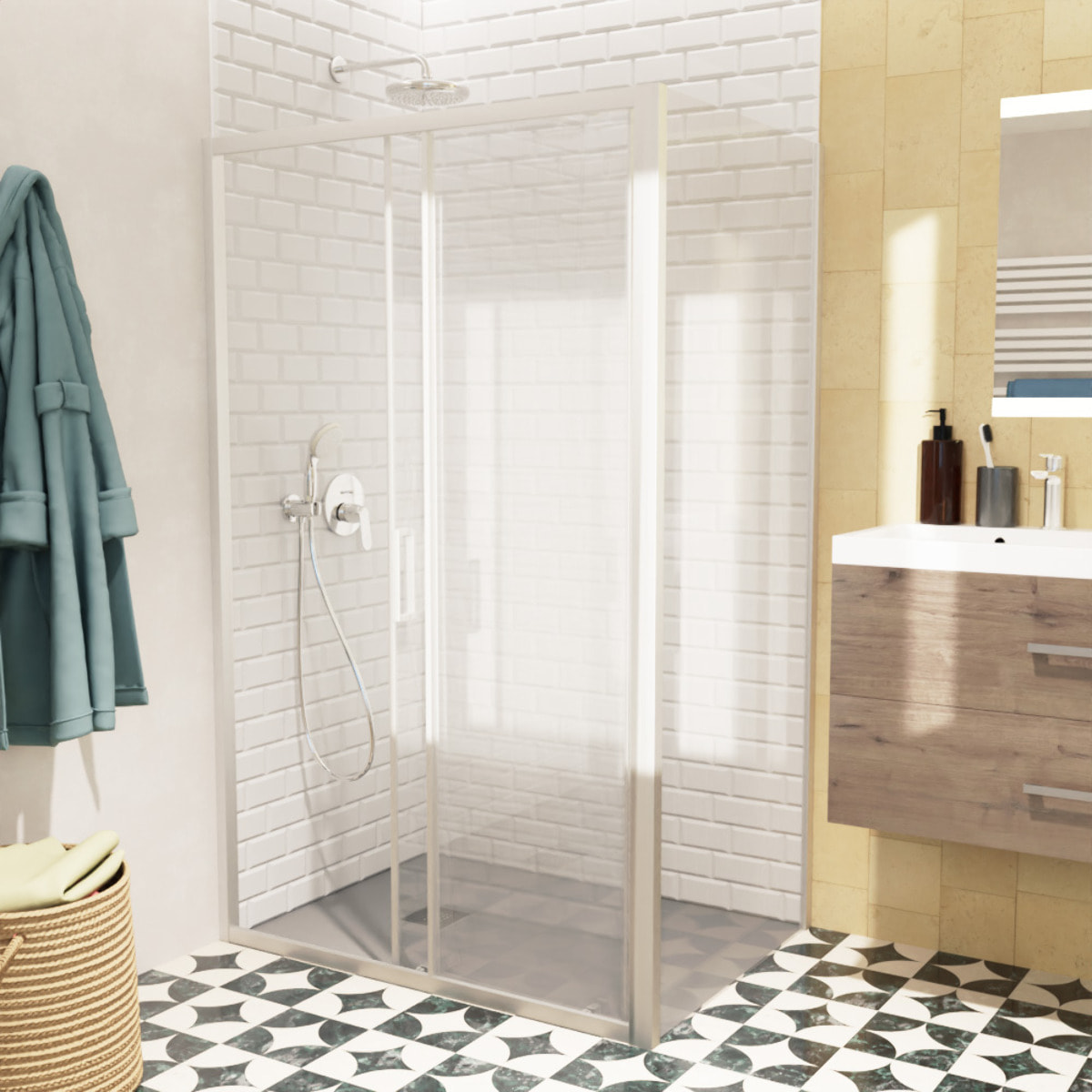 TEX BB ensemble porte coulissante/paroi 100x100cm anticalcaire avec profilés chrome brillant (TEXDBB100S100-SET)