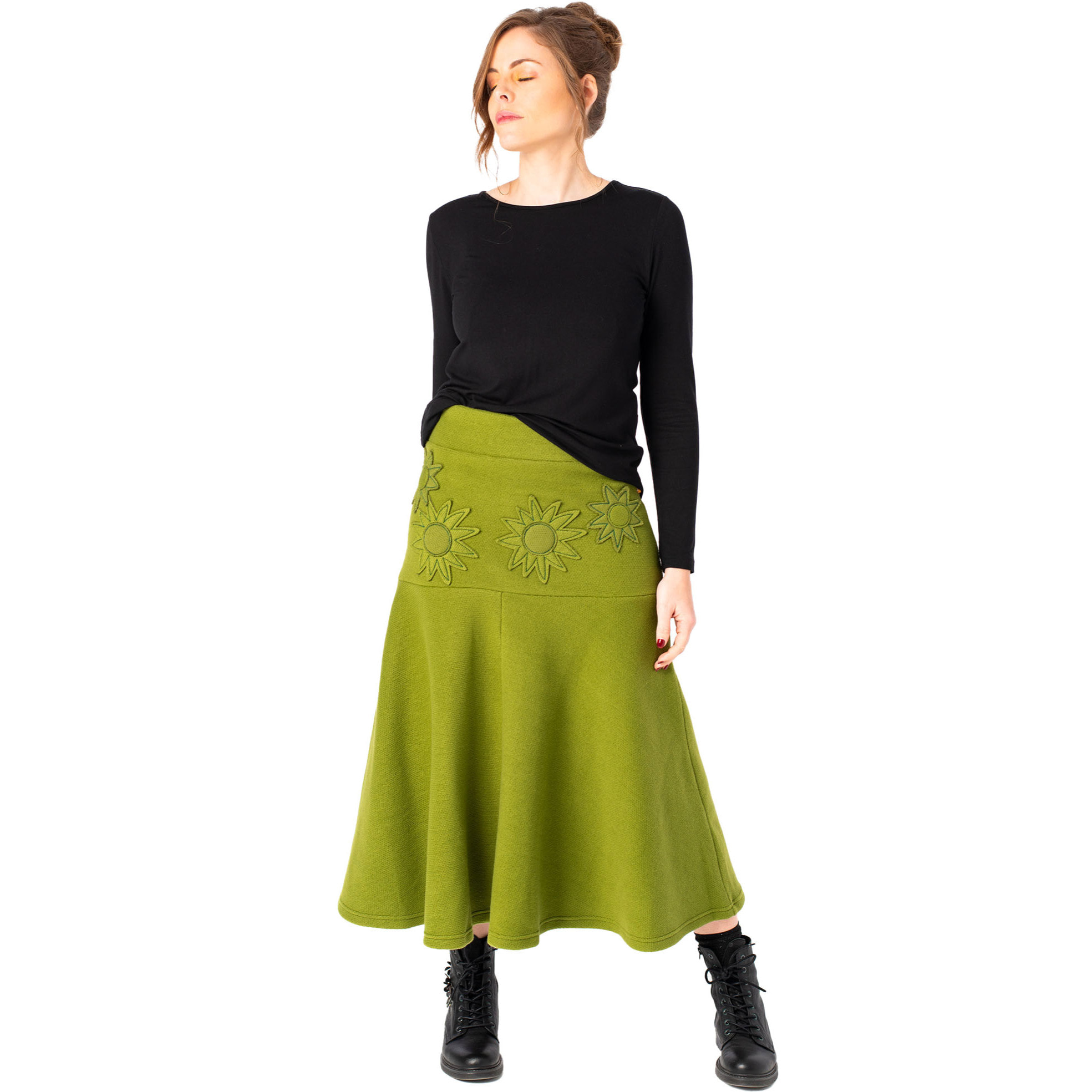 Mamatayoe Modelin. Falda Midi de Mujer de Color Verde para Otoño Invierno. Falda Acampanada a Media Pierna con Bordado y Cinturilla Elástica de Algodón.