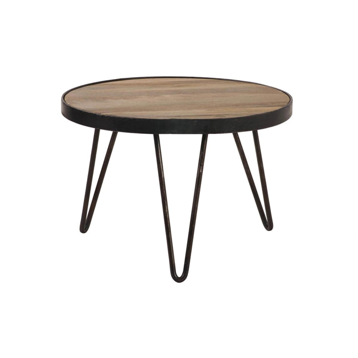 Table basse ronde industrielle bois manguier massif et métal noir D50 cm ATELIER