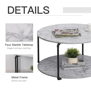 Table basse ronde avec étagère dim. Ø 80 x 45H cm panneaux particules imitation marbre blanc métal noir
