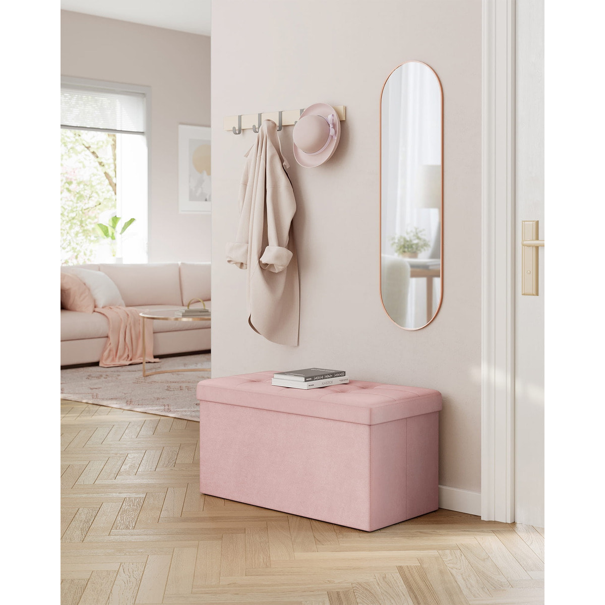 Panca contenitore pieghevole in velluto rosa pastello
