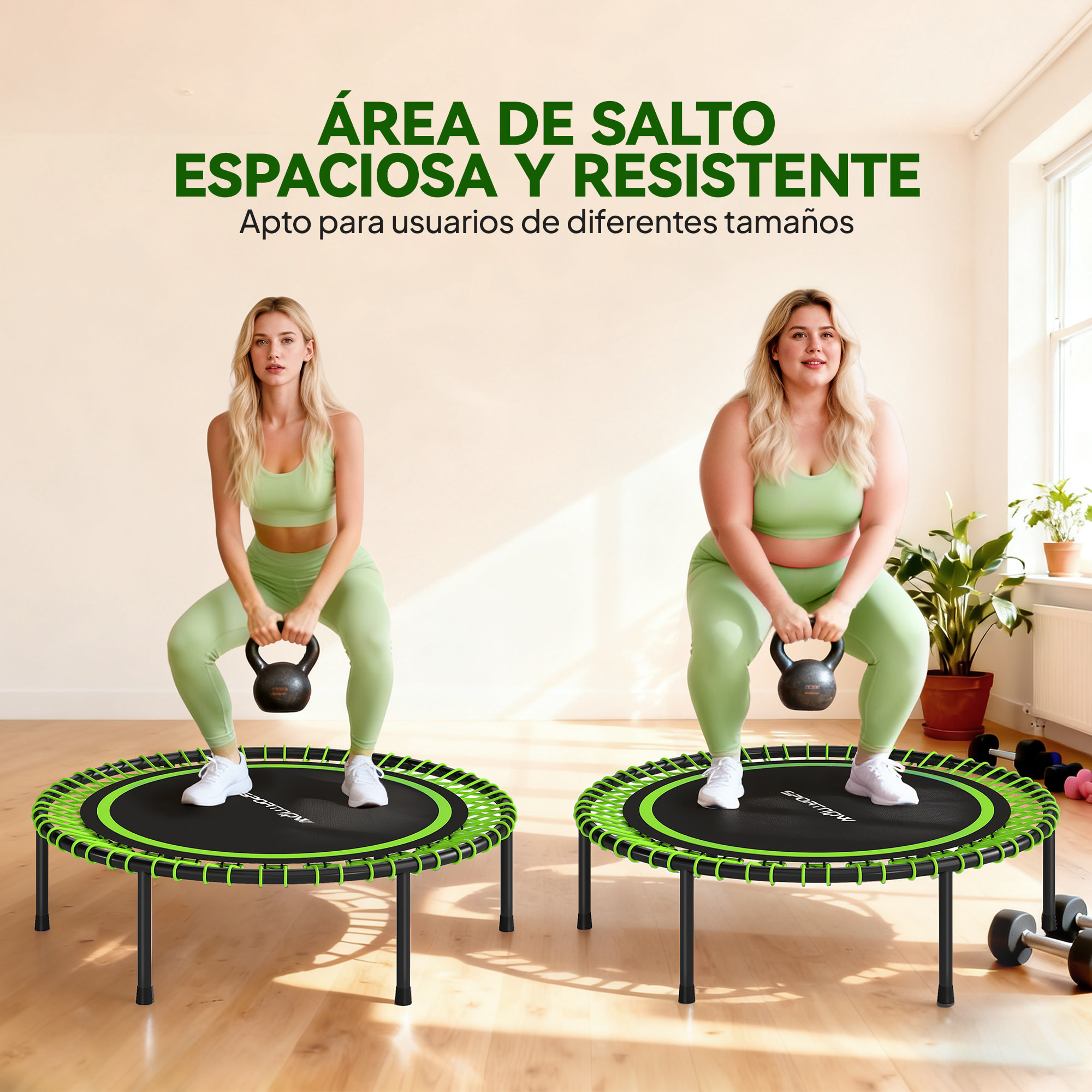 Trampolín de Fitness Adultos Ø114 cm, Cama Elástica con Marco de Acero Reforzado, para Entrenamiento Piernas, Cuerpo en Hogar, Oficina, Gimnasio, Verde y Negro