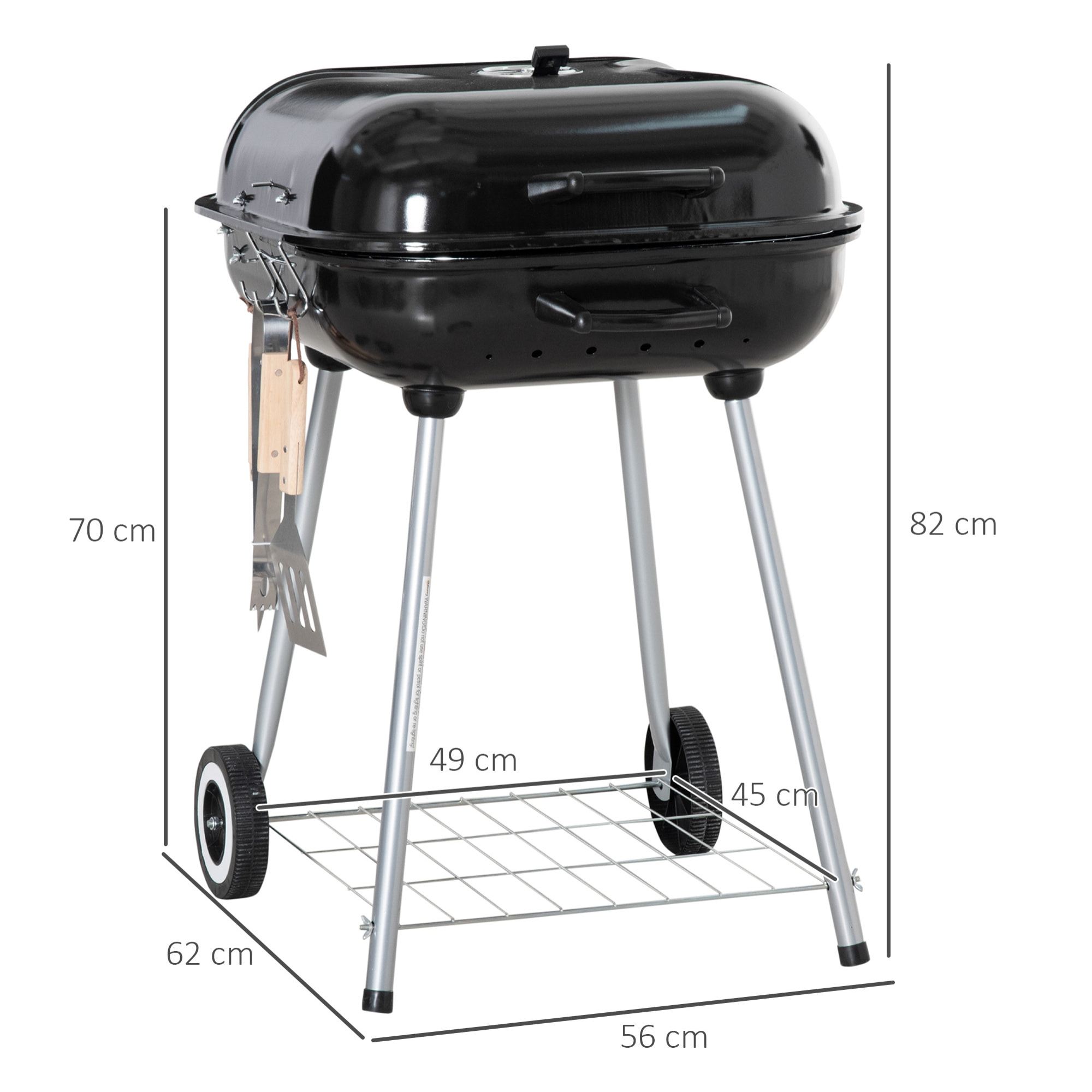 Barbecue à charbon - BBQ grill sur pied avec couvercle, roulettes - étagère, 3 crochets, 3 ustensiles, 2 grilles - acier émaillé noir