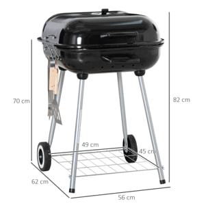 Barbecue à charbon - BBQ grill sur pied avec couvercle, roulettes - étagère, 3 crochets, 3 ustensiles, 2 grilles - acier émaillé noir