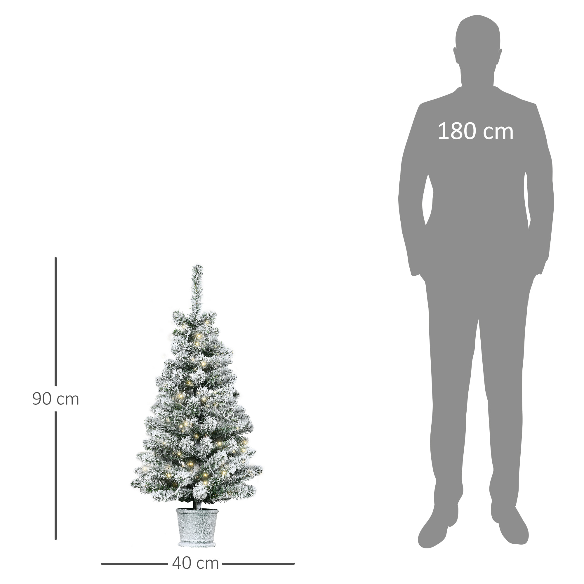 árbol de Navidad Pequeño Artificial 90 cm con Luces LED 116 Ramas Base Desmontable y Soporte de Metal Decoración Navideña para Interior Ø40x90 cm Verde y Blanco