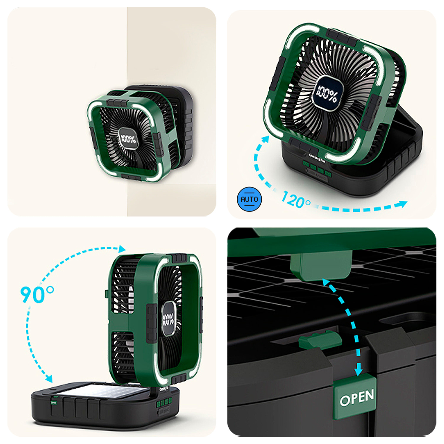 Ventilatore a 6 velocità con pannello solare da 3W, oscillazione, display LCD, 24 luci LED bicolore con 80lm, timer e power bank da 10000mAh.