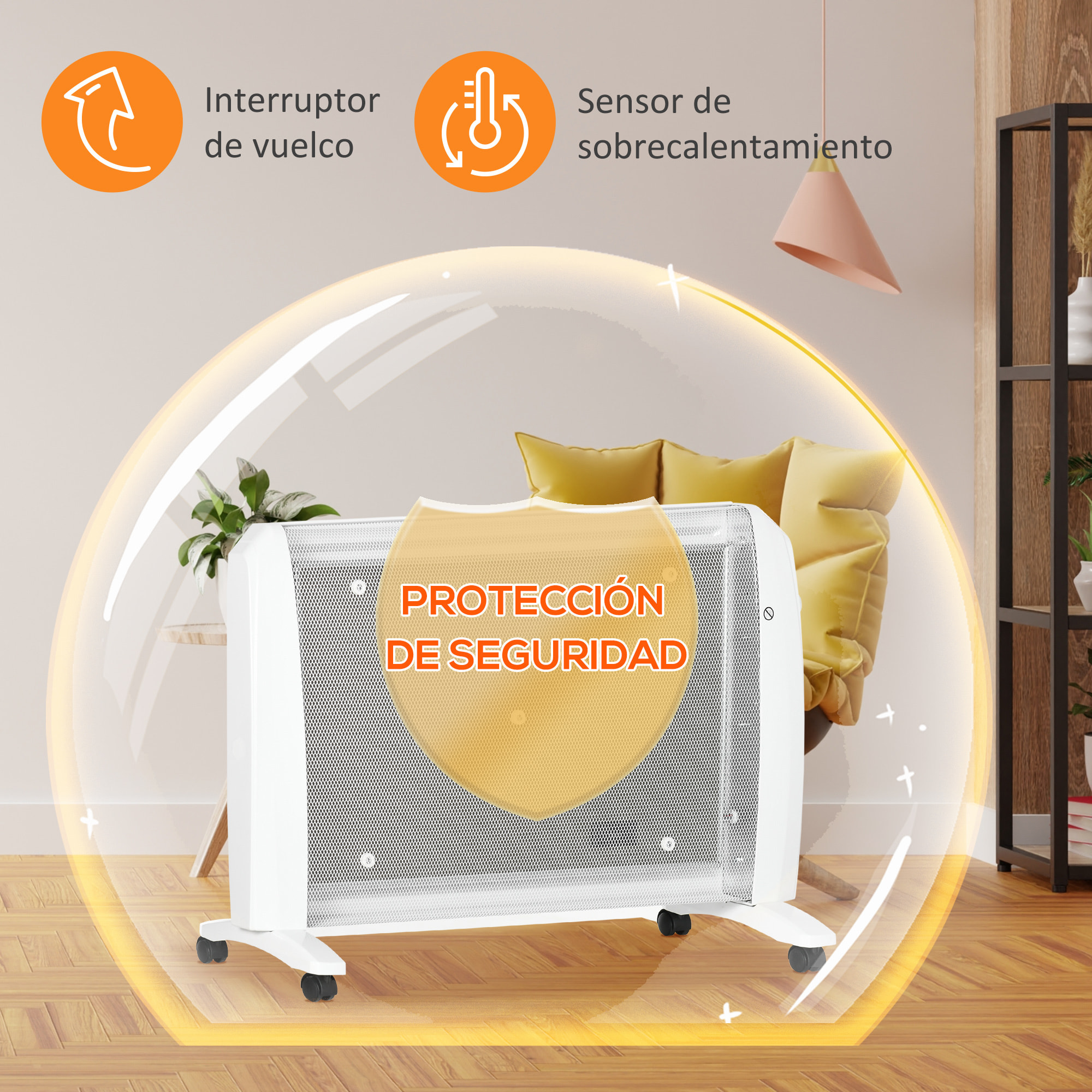 Calefactor Eléctrico 1000W/2000W Radiador de Mica con 2 Niveles de Potencia Termostato Regulable y 4 Ruedas para Sala de 15-20 m² Silencioso 79x27x54 cm Blanco