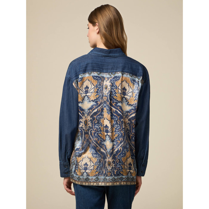 Oltre - Denim shirt with patterned insert - Azul