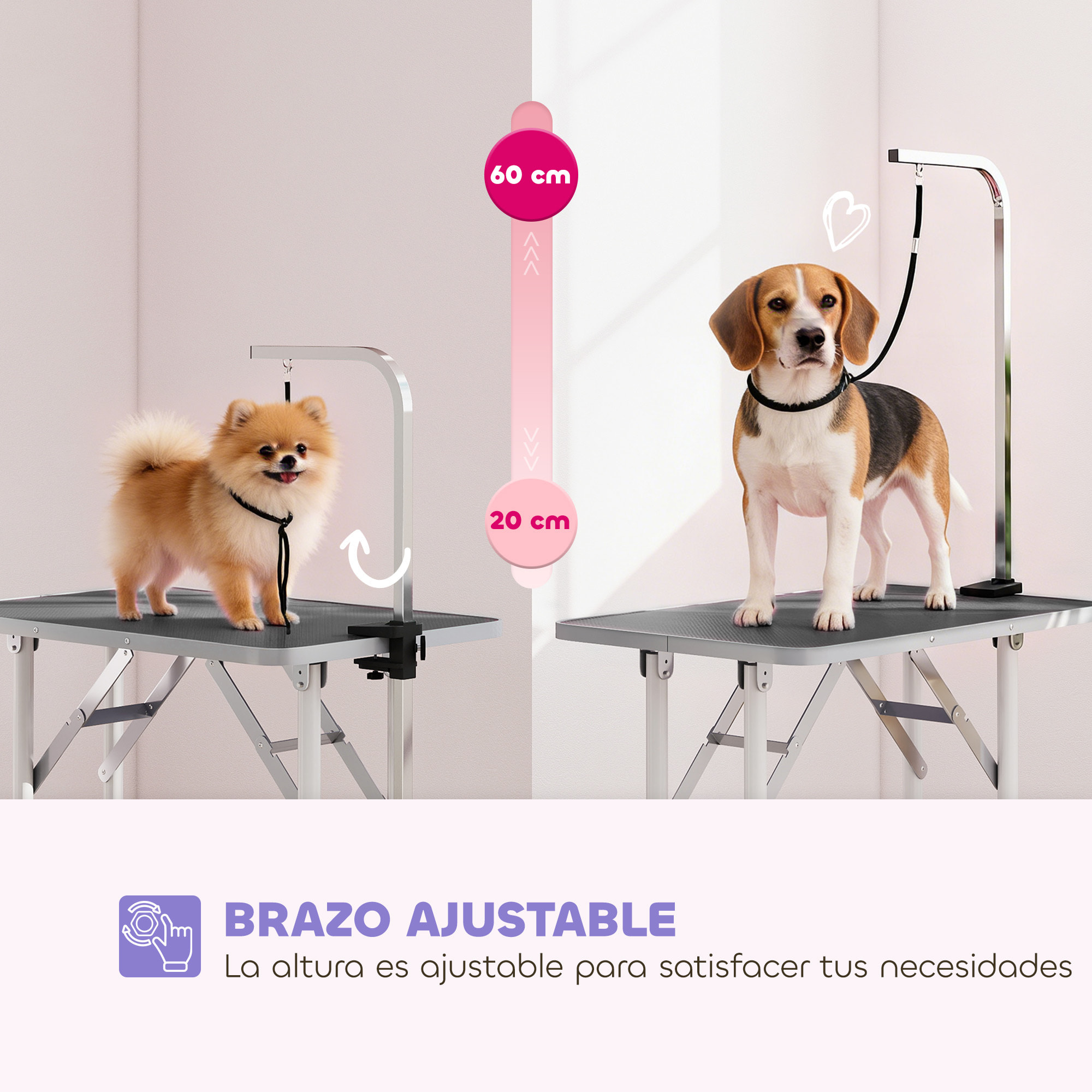 PawHut Mesa de Peluquería Canina Plegable, Mesa de Aseo con Encimera Antideslizante, Brazo de Acero Inoxidable Ajustable, para Perros Pequeños y Medianos, 81x48,5x80 cm, Negro