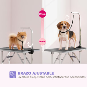 PawHut Mesa de Peluquería Canina Plegable, Mesa de Aseo con Encimera Antideslizante, Brazo de Acero Inoxidable Ajustable, para Perros Pequeños y Medianos, 81x48,5x80 cm, Negro